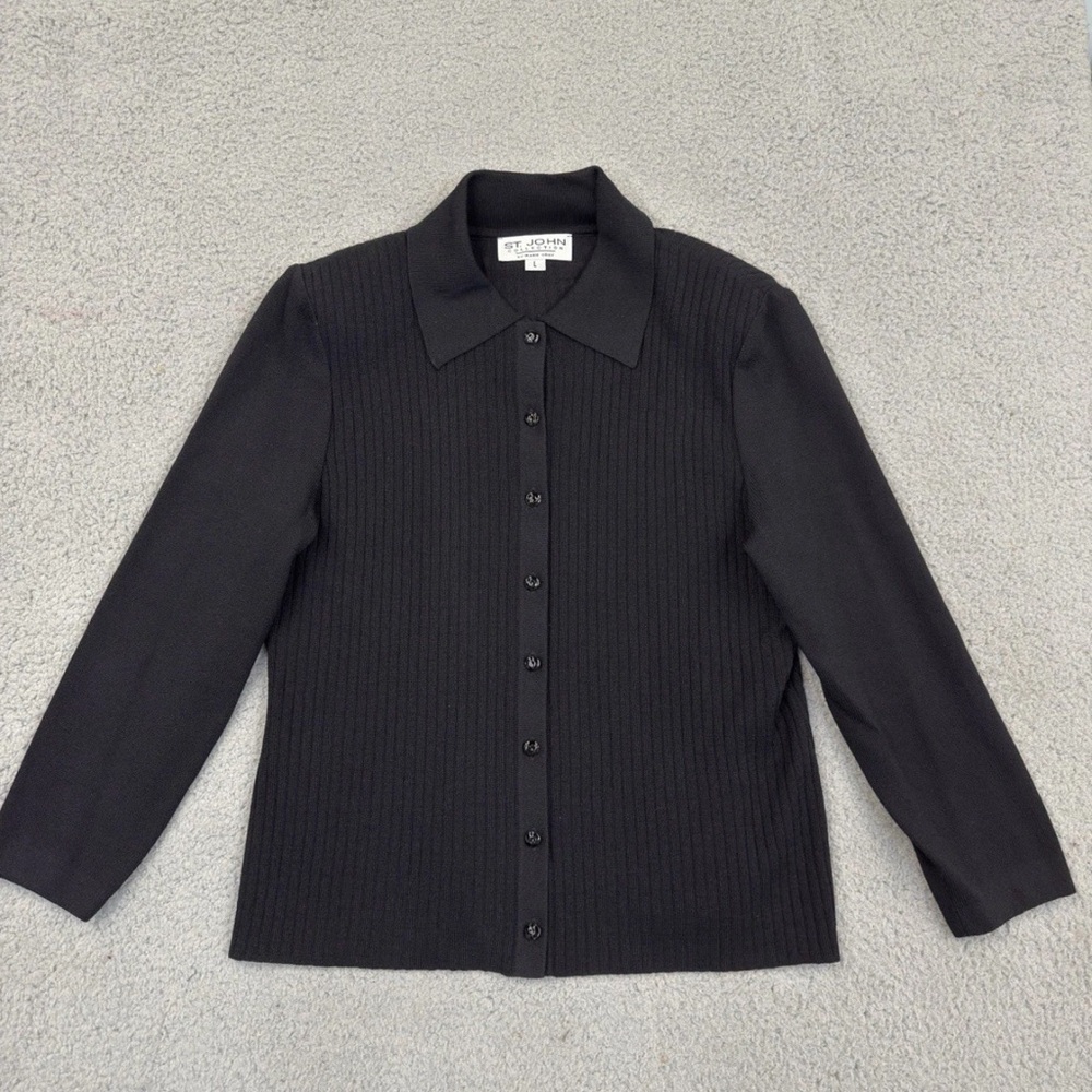 VTG St. John Collection Marie Gray Rib Knit Black Collared Button Long Sleeve Lg
